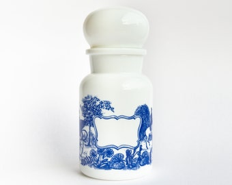 Belgian apothecary bottle, white milk glass apothecary jar, opaline bottle, white and blue spice jar, white glass container, Victorian scene