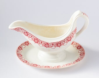 VINTAGE antique Boch Frères ceramic Ramona gravy boat, sauce boat, saucière, earthenware bowl and plate in one, red border. See description