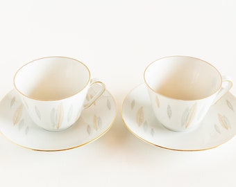 Dos tazas y platillos de porcelana Schumann Arzberg, taza y platillo de porcelana alemana de mediados de siglo, hojas estilizadas, tazas de porcelana Arzberg Bavaria