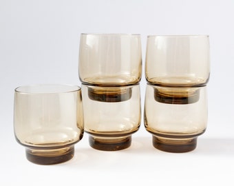 VINTAGE set of 5 smoky Luminarc glasses, BP glasses, French smoked glass, brown water glasses, smoky juice glasses. Details -> DESCRIPTION