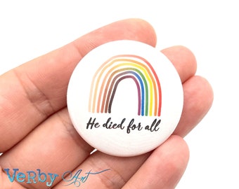 He Died Jesus skin-tone rainbow sky button, Bible verse Christian pin, Bible accessories, religious faith gift pin, Jesus pinback button