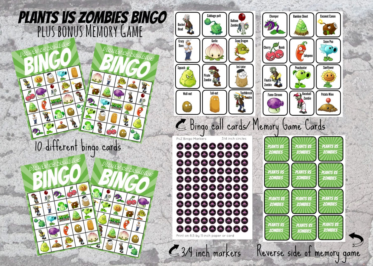Zombies Bingo Memory Games Etsy Zombies Bingo Memory Games Etsy