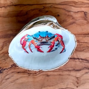 Blue Crab Decoupage Clam Shell - Gold and White Ring Dish, Painted Seashell Trinket Dish, Nautical Home Accent, Crab Art Gift