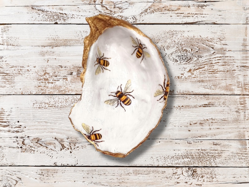 Bee Happy Shell Bumble Bee Decoupage Oyster Shell - Gold and White Ring Dish, Painted ...