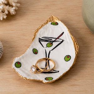 Decoupage Oyster Shell Ring Dish – Martini Glass, Gold Trim, Coastal Accent