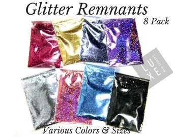 8 Glitter Remnants Grab Bag, Polyester Solvent Resistant 8 Pack Various Colors & Sizes Nail Polish, Custom Tumblers, Lip Gloss, Glitter Pack