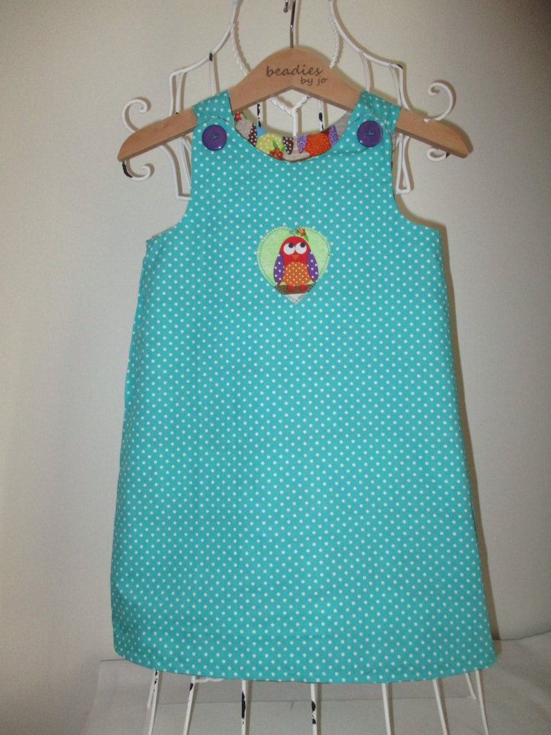 Reversible Dress girls pinafore owl print dress turquoise | Etsy