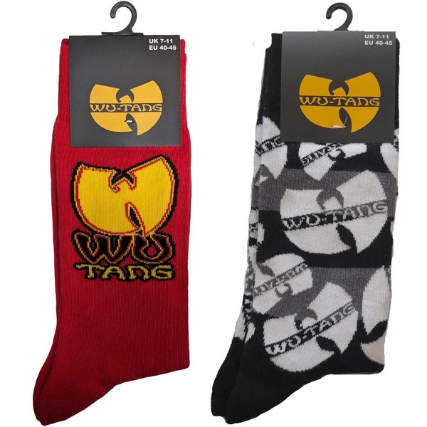 Official licensed WuTangClan Unisex Ankle Socks featuring the 'Red with Yellow Logo' design and the 'Logos Monochrome' design (Pack of 2)