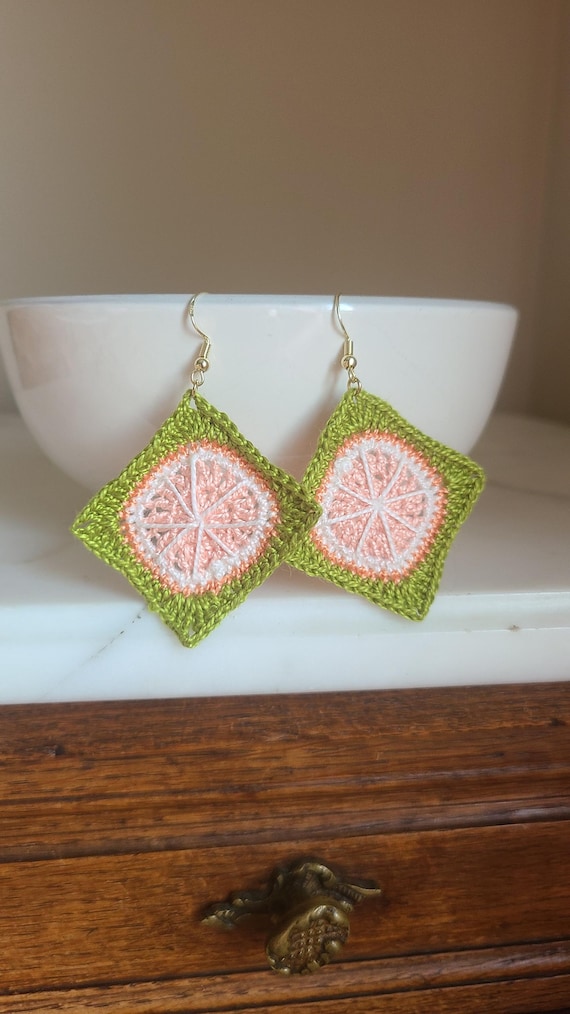 Handmade Crochet Square Earrings: Citrus Boho Cotton Jewelry