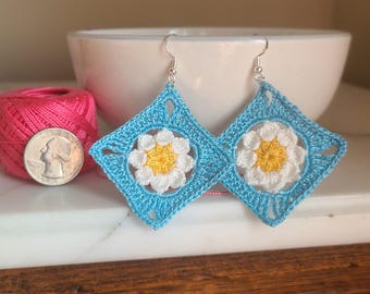 Handmade Crochet Daisy Earrings: Boho Cotton Flower Jewelry