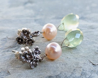 Prehnite & Freshwater Pearl Sterling Silver Earrings, 925 Silver Dangle, Dainty Everyday Mint Peach Gemstone Drops