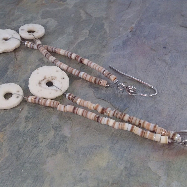 Shell Earrings; Ostrich Eggshell & Cowrie Shell, long drops