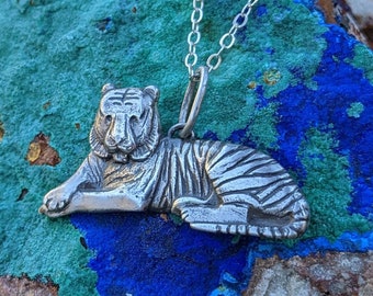 Hand Carved Sterling Silver Tiger Necklace: Chinese Zodiac Jewelry