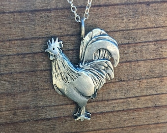 Hand Carved Sterling Silver Rooster Pendant: Chinese Zodiac Gift