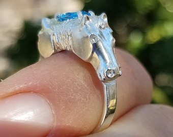 Hand Carved Sterling Silver Double Horse Head Ring: Blue Topaz Gemstone
