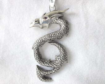 Sterling Silver Dragon Pendant: Gemstone Eye, Mystic Fantasy Necklace