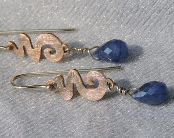 Handmade 14K Gold Squiggle Earrings with Sapphire Drop