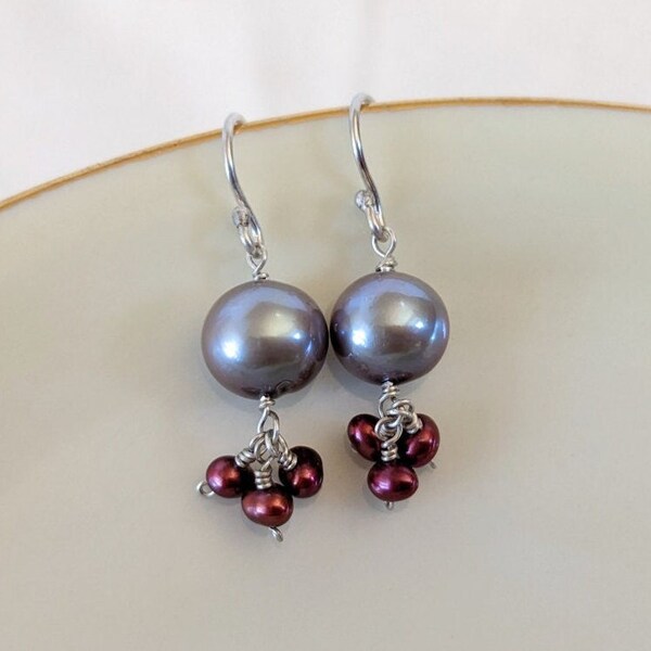 Round Natural Grey Pearl Earrings with Cherry Red Pearls Dangling Beneath - Recycled 925 Sterling Silver