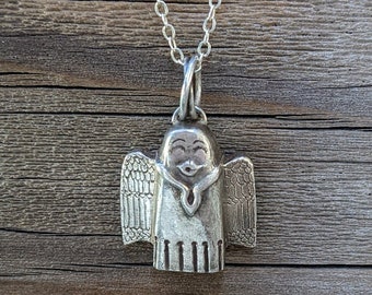 Sterling Silver Guardian Angel Necklace of a Lovely Person in a Robe with a Kissy or Singing Face, Gift for Choir Director or Choral Singer