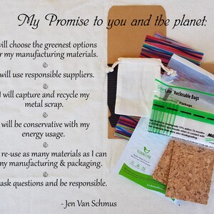A showing of the recycled materials the Etsy store Fouza uses for packaging as well as their commitment to use the greenest options available, re-use as many materials as possible, and be conservative and responsible with resources.