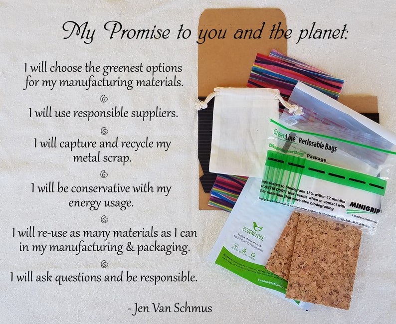 A showing of the recycled materials the Etsy store Fouza uses for packaging as well as their commitment to use the greenest options available, re-use as many materials as possible, and be conservative and responsible with resources.