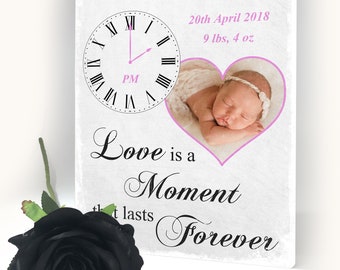 Personalised New Baby Moment in Time Personalised Metal Plaque Christening Gift Photo with Time of Birth Baby Shower