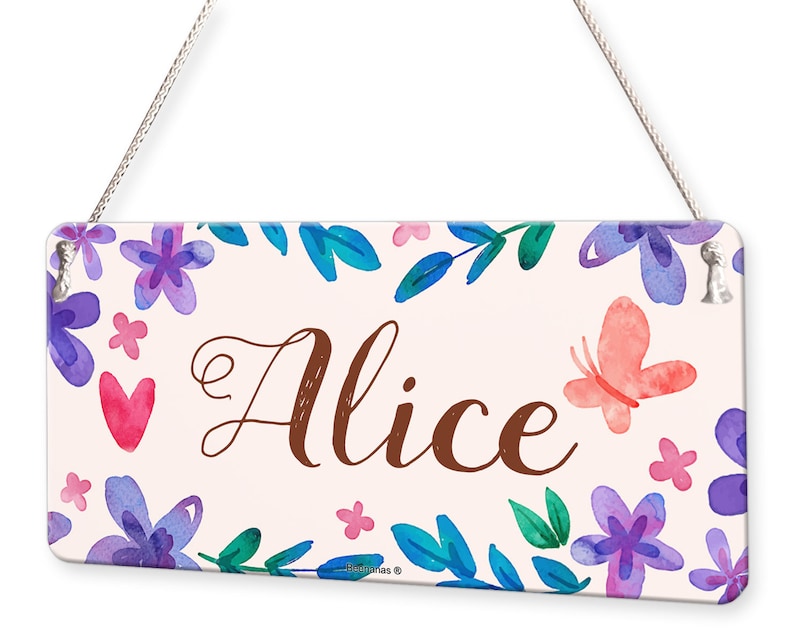 Watercolour Flowers and Butterfly Personalised Childs Bedroom Door Sign Name Plaque