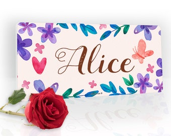 Watercolour Flowers and Butterfly Personalised Childs Bedroom Door Sign Name Plaque