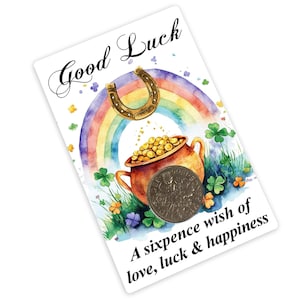 May include: A card with a rainbow, a pot of gold, a horseshoe, and a sixpence coin. The card says "Good Luck" and "A sixpence wish of love, luck & happiness".