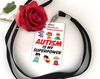 Autism Is My Superpower Cartoon Information Disability Awareness Information Card & Lanyard Keyring