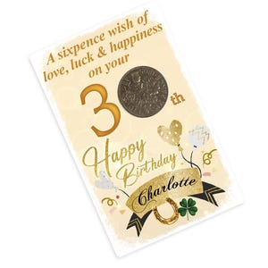 Magnete per frigorifero personalizzato con moneta da sei penny portafortuna per il 30° compleanno