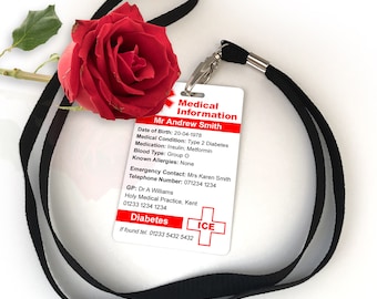 Personalised Medical Alert Information Card - Autism, Sight Loss, Diabetes, Cancer, Disability ICE Keyring