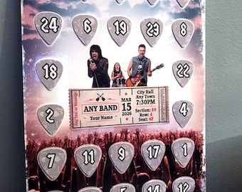 Calendario dell'Avvento personalizzato con plettri per chitarra, biglietti per concerti, festival musicali, qualsiasi gruppo musicale, evento
