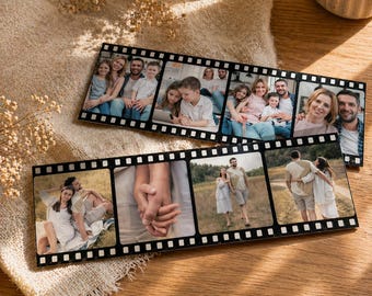 May include: Two black film strip photo displays with family photos. Each strip has multiple images of people. The photos are in a film strip format with white perforations along the top and bottom edges. The photos are of families and couples.