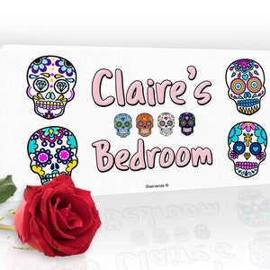 Sugar Skull Day Of The Dead Personalised Childs Bedroom Door Sign Name Plaque