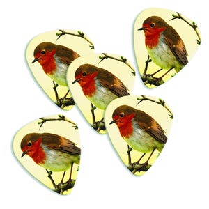 Pode incluir: Conjunto de cinco palhetas de guitarra com um pardal vermelho colorido empoleirado em um galho. As palhetas são brancas com um fundo amarelo e uma imagem detalhada do pássaro.