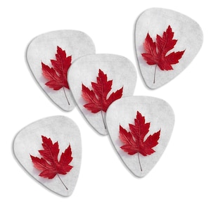 以下が含まれることがあります： 赤いカエデの葉がそれぞれに押し付けられた、白いギターピック5枚セット