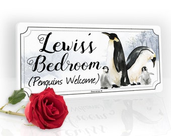 Penguins Welcome Personalised Childs Bedroom Door Sign Name Plaque