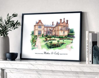 May include: A framed watercolor print of Castle House Hotel, featuring a detailed depiction of the building and surrounding gardens. The print includes the names "Matthew & Emily" and the date "August 23rd 2005". The frame is black.