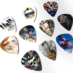 Custom Printed Personalised Guitar Picks With Any Image Photos Logo Birthday Gift Promotional Musician Guitarist Voucher