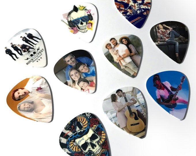 Custom Printed Personalised Guitar Picks With Any Image Photos Logo Birthday Gift Promotional Musician Guitarist Voucher