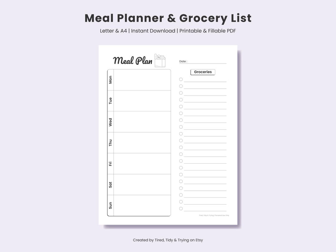 Weekly Meal Plan and Grocery List Printable & Fillable | Meal Prep ...
