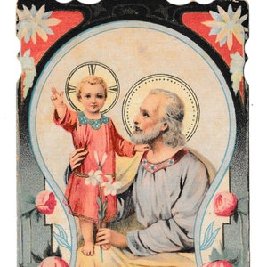 Saint Joseph antique Saint-Joseph | Éphémères religieux colorés du XIXe siècle | Art catholique de dévotion | Carte de prière espagnole vintage