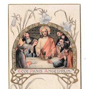 Cartão Sagrado Antigo da Primeira Missa | Ilustração da Última Ceia | Cartão Comemorativo de 1909 de Barcelona | Efêmera Católica Vintage | Espanha