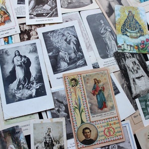 Surtido de estampas sagradas antiguas VIRGEN MARÍA, Madre de Jesús Imágenes devocionales de mediados del siglo XX Oraciones de la Iglesia Católica en francés y español