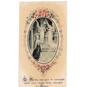 Santino vintage per la prima comunione - Vergine Maria e angeli - "¡Oh María, Haz que mi corazón esté muy puro para recibir a Jesús!" - 1932