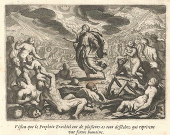 Biblia de 1674 La visión de Ezequiel Grabado original en cobre Impresión antigua del siglo XVII