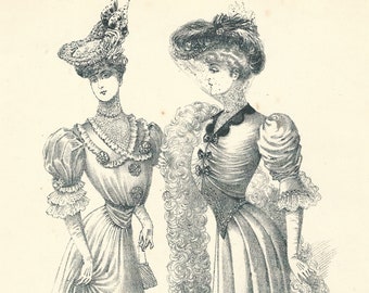 1905 French Fashion in the Early 1900s Paris France Original Lithograph Print Women's Wear Clothes Hats Hairstyles Accesories Haute Couture