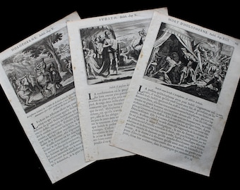 Conjunto de tres grabados en cobre: Libro de Judit, Antiguo Testamento, Biblia francesa antigua (1674)