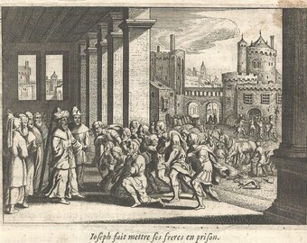 Biblia de 1674 José y sus hermanos Libro del Génesis Grabado original en cobre Impresión antigua Década de 1600